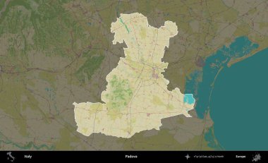 Padova. İtalya 'nın idari alanı koyu renkli bir Topografik İnsani Yardım Stili haritasına vurgulandı ve özetlendi