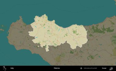 Palermo. İtalya 'nın idari alanı koyu renkli bir Topografik İnsani Yardım Stili haritasına vurgulandı ve özetlendi