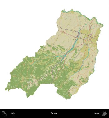Parma. İtalya 'nın idari bölgesi Topografik İnsani Stil Haritasında beyaza izole edildi