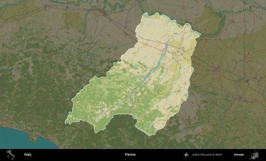 Parma. İtalya 'nın idari alanı koyu renkli bir Topografik İnsani Yardım Stili haritasına vurgulandı ve özetlendi