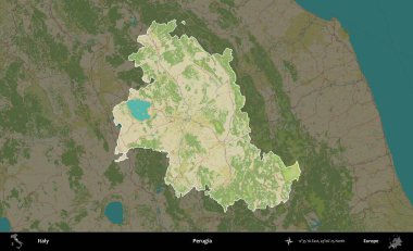 Perugia. İtalya 'nın idari alanı koyu renkli bir Topografik İnsani Yardım Stili haritasına vurgulandı ve özetlendi