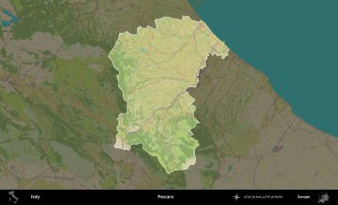 Pescara 'da. İtalya 'nın idari alanı koyu renkli bir Topografik İnsani Yardım Stili haritasına vurgulandı ve özetlendi