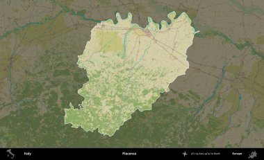 Piacenza 'da. İtalya 'nın idari alanı koyu renkli bir Topografik İnsani Yardım Stili haritasına vurgulandı ve özetlendi