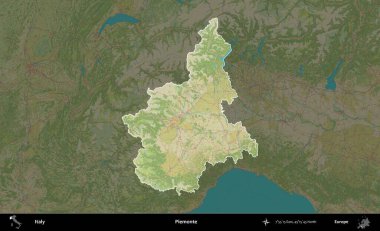 Piemonte. İtalya 'nın idari alanı koyu renkli bir Topografik İnsani Yardım Stili haritasına vurgulandı ve özetlendi