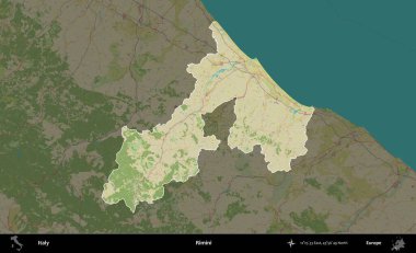 Rimini. İtalya 'nın idari alanı koyu renkli bir Topografik İnsani Yardım Stili haritasına vurgulandı ve özetlendi