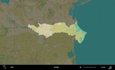 Rovigo. İtalya 'nın idari alanı koyu renkli bir Topografik İnsani Yardım Stili haritasına vurgulandı ve özetlendi