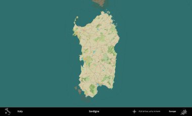 Sardigna. İtalya 'nın idari alanı koyu renkli bir Topografik İnsani Yardım Stili haritasına vurgulandı ve özetlendi