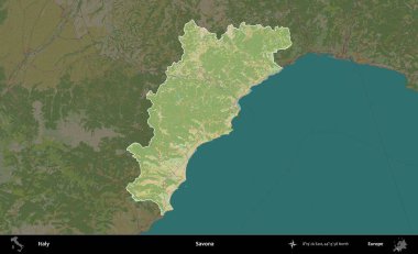 Savona. İtalya 'nın idari alanı koyu renkli bir Topografik İnsani Yardım Stili haritasına vurgulandı ve özetlendi