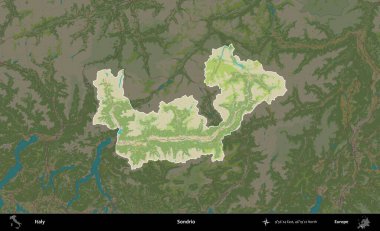 Sondrio. İtalya 'nın idari alanı koyu renkli bir Topografik İnsani Yardım Stili haritasına vurgulandı ve özetlendi