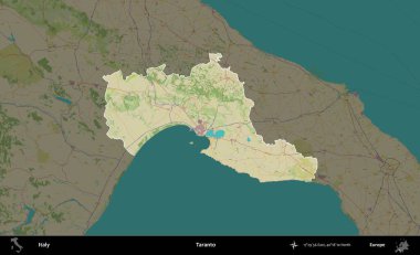 Taranto. İtalya 'nın idari alanı koyu renkli bir Topografik İnsani Yardım Stili haritasına vurgulandı ve özetlendi