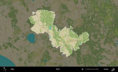 Terni. İtalya 'nın idari alanı koyu renkli bir Topografik İnsani Yardım Stili haritasına vurgulandı ve özetlendi