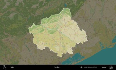 Treviso. İtalya 'nın idari alanı koyu renkli bir Topografik İnsani Yardım Stili haritasına vurgulandı ve özetlendi