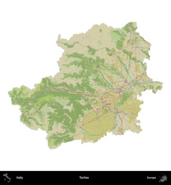 Torino. İtalya 'nın idari bölgesi Topografik İnsani Stil Haritasında beyaza izole edildi