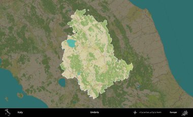 Umbria. İtalya 'nın idari alanı koyu renkli bir Topografik İnsani Yardım Stili haritasına vurgulandı ve özetlendi