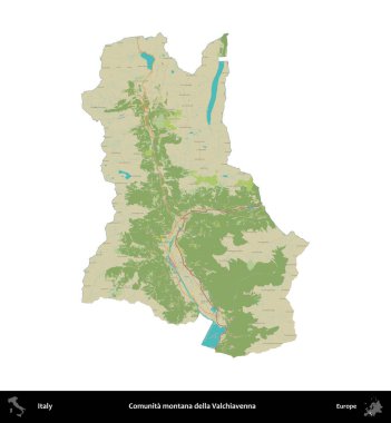 Comunita montana della Valchiavenna. İtalya 'nın idari bölgesi Topografik İnsani Stil Haritasında beyaza izole edildi