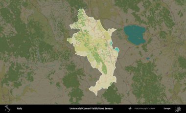 Tek dei Comuni Valdichiana Senese. İtalya 'nın idari alanı koyu renkli bir Topografik İnsani Yardım Stili haritasına vurgulandı ve özetlendi