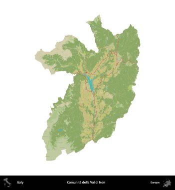 Comunita della Val di Non. İtalya 'nın idari bölgesi Topografik İnsani Stil Haritasında beyaza izole edildi