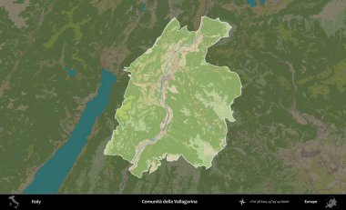 Comunita della Vallagarina. İtalya 'nın idari alanı koyu renkli bir Topografik İnsani Yardım Stili haritasına vurgulandı ve özetlendi