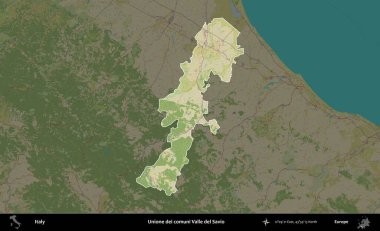 Unione dei comuni Valle del Savio. İtalya 'nın idari alanı koyu renkli bir Topografik İnsani Yardım Stili haritasına vurgulandı ve özetlendi
