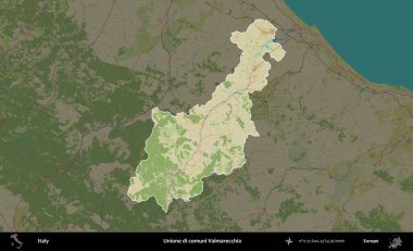Unione di comuni Valmarecchia. İtalya 'nın idari alanı koyu renkli bir Topografik İnsani Yardım Stili haritasına vurgulandı ve özetlendi