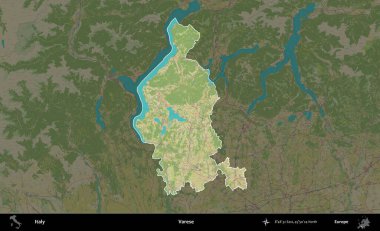 Varese. İtalya 'nın idari alanı koyu renkli bir Topografik İnsani Yardım Stili haritasına vurgulandı ve özetlendi