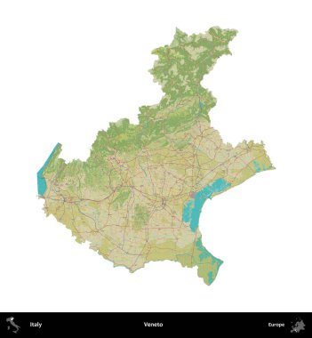 Veneto. İtalya 'nın idari bölgesi Topografik İnsani Stil Haritasında beyaza izole edildi