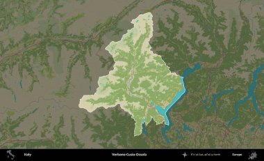 Verbano-Cusio-Ossola. İtalya 'nın idari alanı koyu renkli bir Topografik İnsani Yardım Stili haritasına vurgulandı ve özetlendi