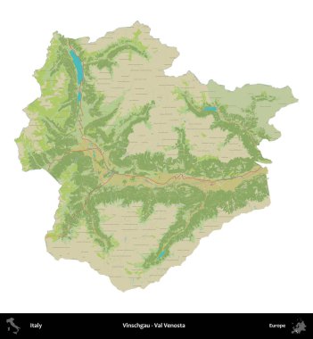 Vinschgau - Val Venosta. İtalya 'nın idari bölgesi Topografik İnsani Stil Haritasında beyaza izole edildi