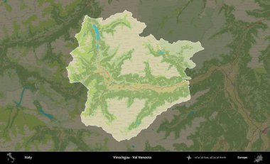 Vinschgau - Val Venosta. İtalya 'nın idari alanı koyu renkli bir Topografik İnsani Yardım Stili haritasına vurgulandı ve özetlendi