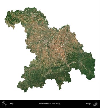 Alessandria. İtalya 'nın idari bölgesi, Haziran 2019' da çekilen Kopernik Nöbetçi karolarından oluşan bir uydu görüntüsüyle beyaza izole edildi.