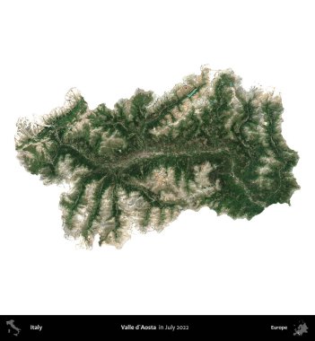 Valle d'Aosta. İtalya 'nın idari bölgesi, Temmuz 2022' de çekilen Kopernik Nöbetçi karolarından oluşan bir uydu görüntüsüyle beyaza izole edildi.