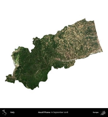 Ascoli Piceno. İtalya 'nın idari bölgesi, Eylül 2018' de çekilen Kopernik Nöbetçi karolarından oluşan bir uydu görüntüsü ile beyaza izole edildi.