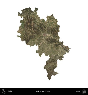 Asti. İtalya 'nın idari bölgesi, Mart 2019' da çekilen Kopernik Nöbetçi karolarından oluşan bir uydu görüntüsüyle beyaza izole edildi.