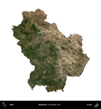 Basilicata. İtalya 'nın idari bölgesi, Ekim 2017' de çekilen Kopernik Nöbetçi karolarından oluşan bir uydu görüntüsü ile beyaza izole edildi.