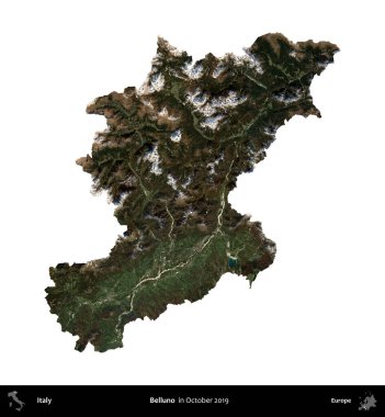 Belluno. İtalya 'nın idari bölgesi, Ekim 2019' da çekilen Kopernik Nöbetçi karolarından oluşan bir uydu görüntüsüyle beyaza izole edildi.