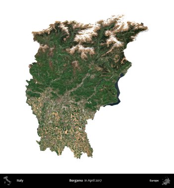 Bergamo. İtalya 'nın idari bölgesi, Nisan 2017' de çekilen Kopernik Nöbetçi karolarından oluşan bir uydu görüntüsü ile beyaza izole edildi.