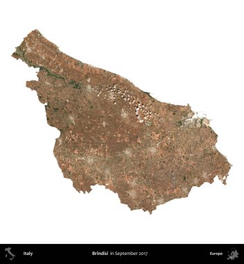 Brindisi. İtalya 'nın idari bölgesi, Eylül 2017' de çekilen Kopernik Nöbetçi karolarından oluşan bir uydu görüntüsü ile beyaza izole edildi.