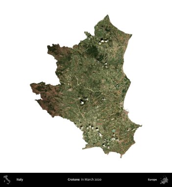 Crotone. İtalya 'nın idari bölgesi, Mart 2020' de çekilen Kopernik Nöbetçi karolarından oluşan bir uydu görüntüsüyle beyaza izole edildi.