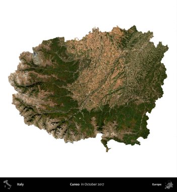 Cuneo. İtalya 'nın idari bölgesi, Ekim 2017' de çekilen Kopernik Nöbetçi karolarından oluşan bir uydu görüntüsü ile beyaza izole edildi.