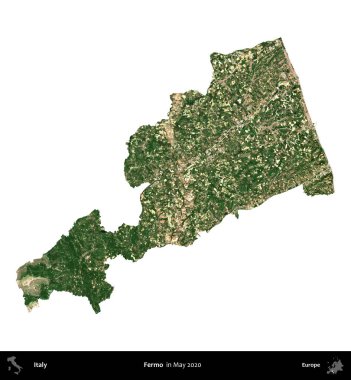 Fermo. İtalya 'nın idari bölgesi, Mayıs 2020' de çekilen Kopernik Nöbetçi karolarından oluşan bir uydu görüntüsüyle beyaza izole edildi.