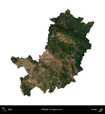 Firenze. İtalya 'nın idari bölgesi, Ağustos 2020' de çekilen Kopernik Nöbetçi karolarından oluşan bir uydu görüntüsüyle beyaza izole edildi.