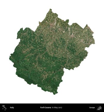 Forli-Cesena. İtalya 'nın idari bölgesi, Mayıs 2017' de çekilen Kopernik Nöbetçi karolarından oluşan bir uydu görüntüsüyle beyaza izole edildi.
