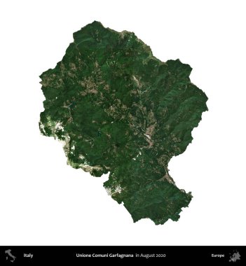 Unione Comuni Garfagnana. İtalya 'nın idari bölgesi, Ağustos 2020' de çekilen Kopernik Nöbetçi karolarından oluşan bir uydu görüntüsüyle beyaza izole edildi.
