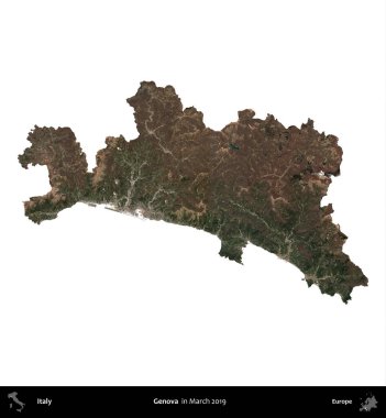 Cenova. İtalya 'nın idari bölgesi, Mart 2019' da çekilen Kopernik Nöbetçi karolarından oluşan bir uydu görüntüsüyle beyaza izole edildi.