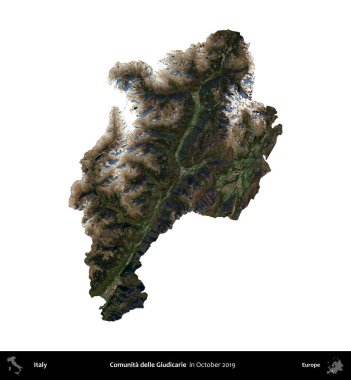 Comunita delle Giudicarie. İtalya 'nın idari bölgesi, Ekim 2019' da çekilen Kopernik Nöbetçi karolarından oluşan bir uydu görüntüsüyle beyaza izole edildi.