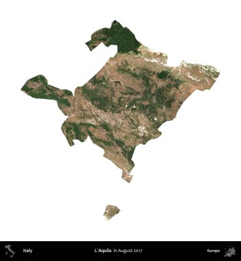 L'Aquila. İtalya 'nın idari bölgesi, Ağustos 2017' de çekilen Kopernik Nöbetçi karolarından oluşan bir uydu görüntüsüyle beyaza izole edildi.