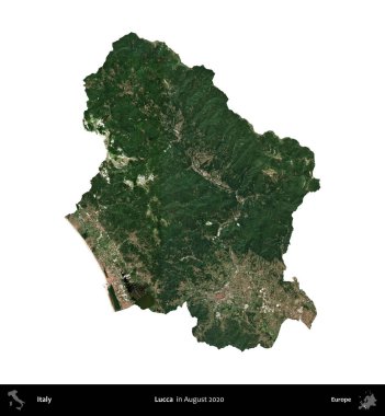 Lucca. İtalya 'nın idari bölgesi, Ağustos 2020' de çekilen Kopernik Nöbetçi karolarından oluşan bir uydu görüntüsüyle beyaza izole edildi.