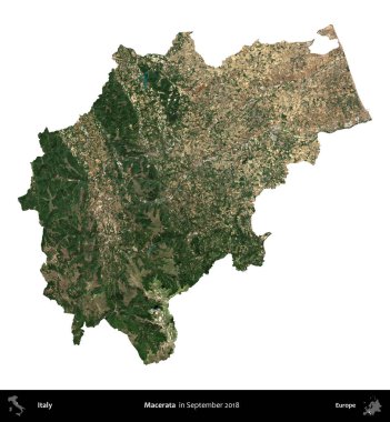 Macerata. İtalya 'nın idari bölgesi, Eylül 2018' de çekilen Kopernik Nöbetçi karolarından oluşan bir uydu görüntüsü ile beyaza izole edildi.