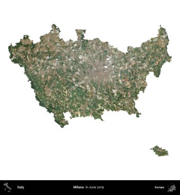 Milano. İtalya 'nın idari bölgesi, Haziran 2019' da çekilen Kopernik Nöbetçi karolarından oluşan bir uydu görüntüsüyle beyaza izole edildi.