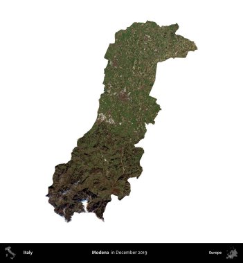 Modena. İtalya 'nın idari bölgesi, Aralık 2019' da çekilen Kopernik Nöbetçi karolarından oluşan bir uydu görüntüsüyle beyaza izole edildi.